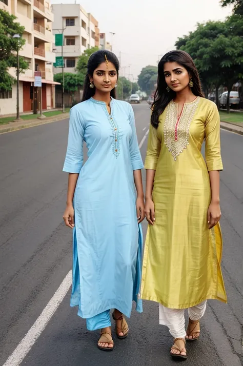 Two beautiful and fair Indian girls standing on the road wearing kurta.