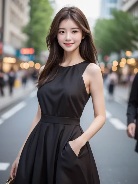 ((best quality, 8k, masterpiece :1.3)), 1 girl, smiling, whole body, face slimming, pretty Woman, (Dark brown hair), full length dress :1.1, Super detailed faces, delicate eyes, double eyelids, blurred background, face slimming, City, external, street,