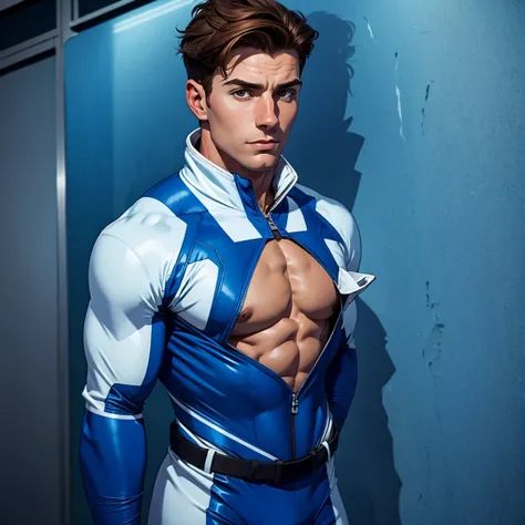 A boy with an ice suit and brown hair and a blue ribbon on his chest