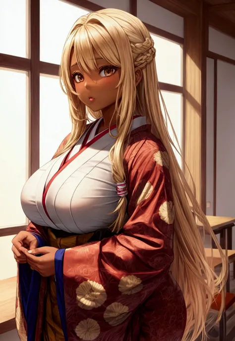 17 year old woman, blonde hair, brown eyes, brown skin, big breasts, wearing Japanese student clothes  