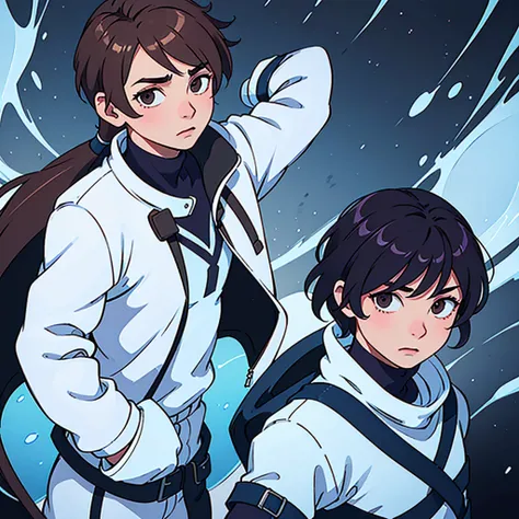 A boy with an ice suit and brown hair and a blue ribbon on his chest