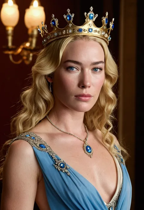 20year old Lena Headey, ultra detailed face, ultra detailed blue eyes, long blonde hair, (queen dress), queen crown, (((masterpiece))) full body nude.