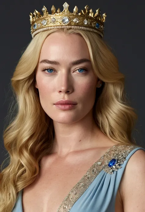 20year old Lena Headey, ultra detailed face, ultra detailed blue eyes, long blonde hair, (queen dress), queen crown, (((masterpiece))) full body nude.