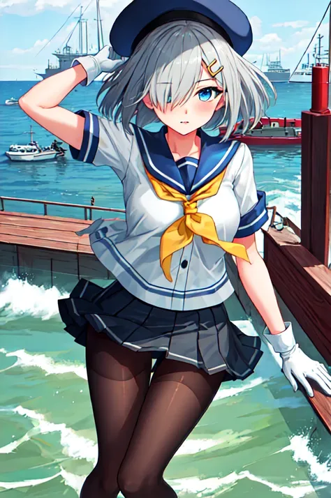 best quality, masterpiece, highres, solo, {hamakaze_kantaicollection:0.90}, 1girl, black_pantyhose, pleated_skirt, serafuku, short_sleeves, simple_background, white_background, yellow_neckerchief, white_gloves, looking_at_viewer, grey_skirt, blush, eyes_vi...