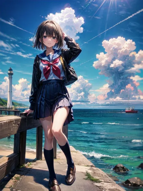 ((最high quality, 8k, masterpiece: 1.3, Ultra HD, high quality, 最high quality, High resolution, realism)) 、Very beautiful 18 year old Japanese 、Im wearing a sailor suit、Wearing a navy blue pleated skirt、Wear loafers、Hair color is light brown、black eye、Mediu...