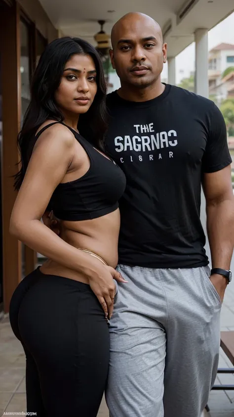 Sexy indian married couple, black man with bald head, tall, fat, black woman with long hair perfect body, big breasts, big hips, big ass, short, couple, man and woman, front pose, detailed. Woman wearing Bikini, man wearing black t shirt and yoga pants.