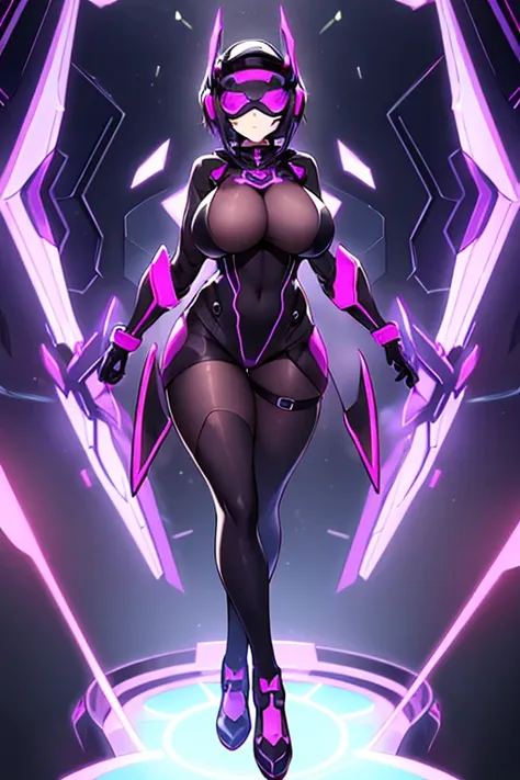 1girl, covered eyes, purple hair, very short hair, large breasts, hourglass figure, bodysuit, black bodysuit, neon, neon trim, machinery, tech, science-fiction, futuristic, standing, full body, ((full body)), pantyhose, head-mounted display, vr visors,, hi...