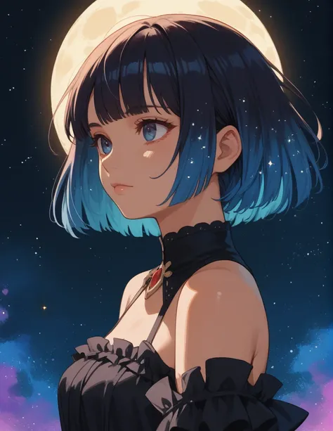 score_9, score_8_up, score_7_up, score_6_up, score_5_up, rating_questionable,  source_anime,  1girl, portrait,  multicolored hair, fringe, bare shoulders, upper body, cosmic