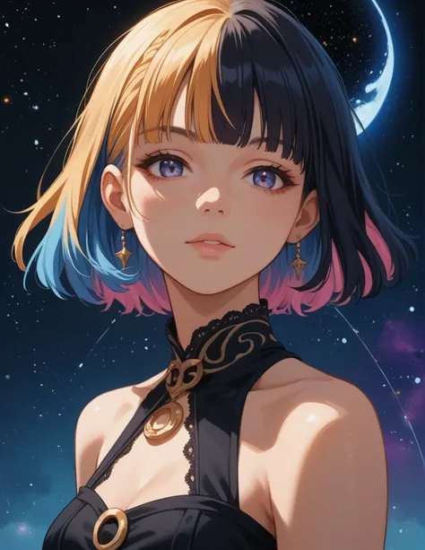 score_9, score_8_up, score_7_up, score_6_up, score_5_up, rating_questionable,  source_anime,  1girl, portrait,  multicolored hair, fringe, bare shoulders, upper body, cosmic