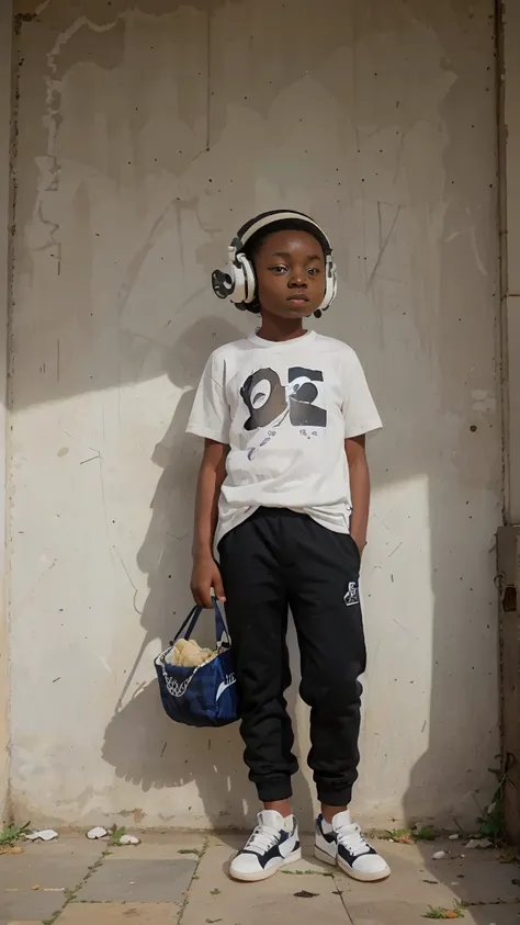 Un garçon  au cheveux court, 12 ans, africain, gros yeux, t-shirt blanc, pantalon, basket noir et blanc, grand  casque audio, visage joyeux, debout regard vers le caméra, style Pixar, 