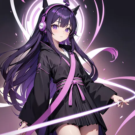 Anime girl with long purple hair and black robe. Pointy ears. Cute as in manga. Headphones. Front facing