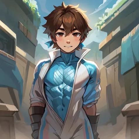 A boy with an ice suit and brown hair and a blue ribbon on his chest