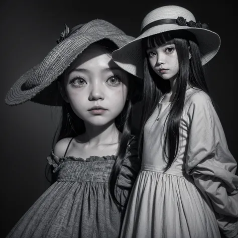 drawing of a girl in a dress and a monster in a hat, inspired by Junji Ito, not junji ito style, Junji this work of art, dark and mysterious character, inspired by Fritz von Dardel, By Oka Yasutomo, by Naka Bokunen, It&#39;s Junji&#39;s style, this is junj...