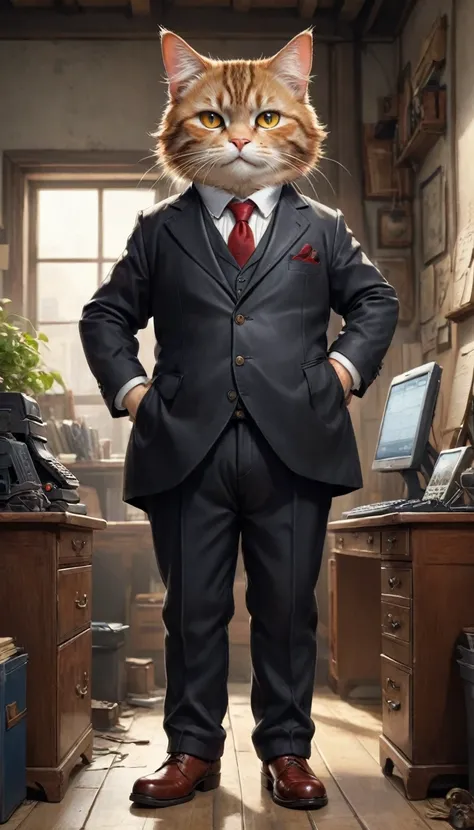  small, かわいいto be bornき物, Wearing a black suit,Wearing suit pants、Brown leather shoes、 whole body,small , Are standing, Costume, Computer Operation、 Fantasy art, Exquisite detail, Jean-Baptiste Monge Style, office、Alan Lee Style, Anthropomorphic, Fat, A sh...