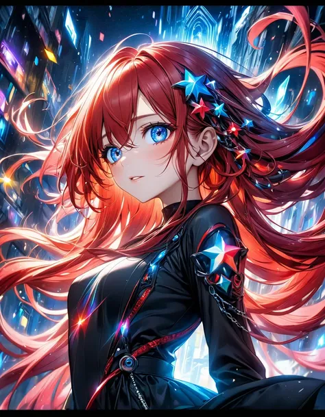 In a mesmerizing cascade of color and light, an enchanting anime girl sexy hot all black stars candroites viewers with her ethereal beauty. Her delicate features are framed by cascading locks of shimmering long red neon hair, her wide, expressive eyes big ...