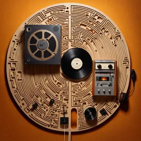 (artistic drawing), (somewhere in an half deleted labyrinth :1.25), (view from above:1.24),  a reel-to-reel revox tape recorder ...