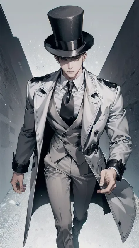 man ,short black hair ,White skin, tall height, muscled body, gray top hat, long gray trench coat, brown pants