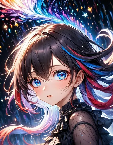 In a mesmerizing cascade of color and light, an enchanting anime girl sexy hot all black stars candroites viewers with her ethereal beauty. Her delicate features are framed by cascading locks of shimmering long Arco íris hair, her wide, expressive eyes big...