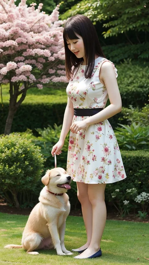 beautiful japanese girl pale skin big breast playing with a dog in a garden. She wears flower dress