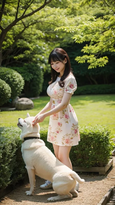 beautiful japanese girl pale skin big breast playing with a dog in a garden. She wears flower dress