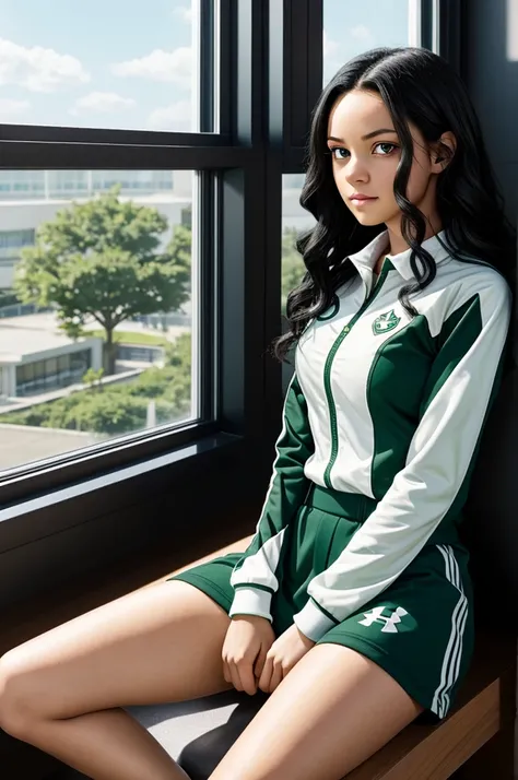 Captures my hero academia.wavy black hair green eyes light skin thin she is wearing the UA uniform.background is sitting by the window 