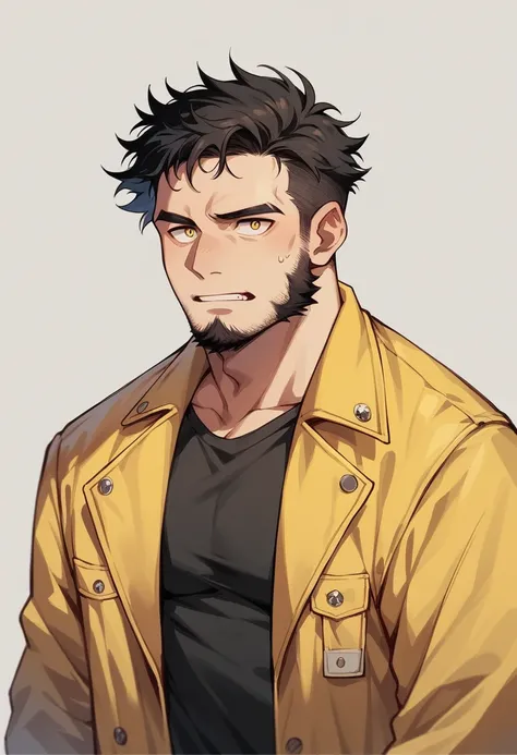 Human Male , Black Messy hair , short Beard  , yellow Jacket 