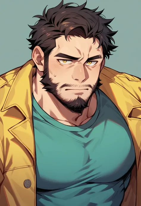 Human Male , Black Messy hair , short Beard  , yellow Jacket 