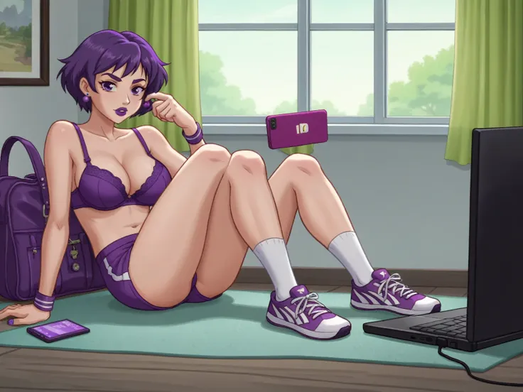 score_8_up, score_7_up, break, screencap, 1girl, solo, purple hair, female, teenage, short hair, purple eyes, purple eyelids, pu...