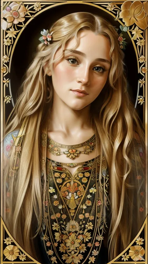 face portrait of a  Ukrainian female , long curly hair, blond, floral frame, Decorative panels, abstract
artistic, by Alphonse Mucha, (Masterpiece, Best Quality, Highres:1.2), Detailed, Intricate Details, 4K, color splashes, line art,   fibonacci, in the s...