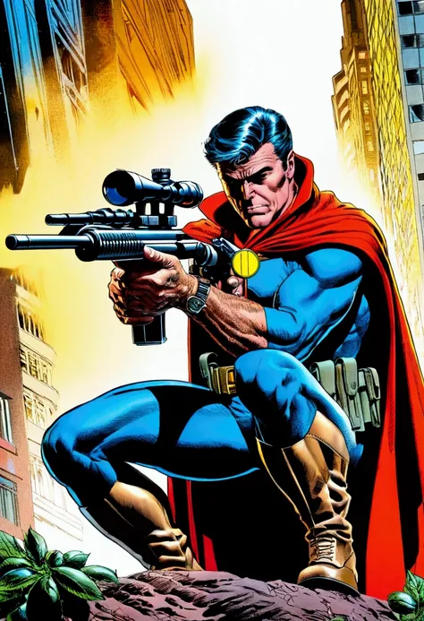 aiming Sniper, by Neal Adams, comic style, full body, cinematic still, (best quality, masterpiece), very aesthetic, perfect composition, intricate details, ultra-detailed, vivid colors