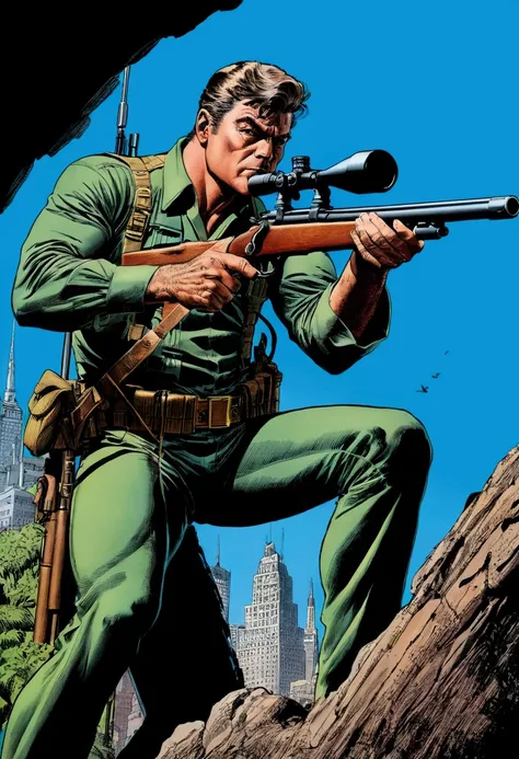 aiming Sniper, by Neal Adams, comic style, full body, cinematic still, (best quality, masterpiece), very aesthetic, perfect composition, intricate details, ultra-detailed, vivid colors