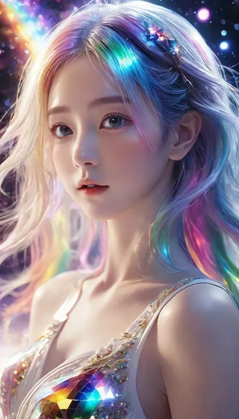 Floating in space、((whole body))、Reach out, highest quality, Highly detailed CG synthesis 8k wallpaper, Cinema lighting, Lens flare, Beautiful eye for detail, White clothes,  Multicolored Hair, Rich and colorful light, particle, 16 years old、girl、Laugh fea...