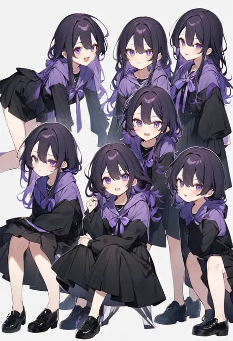 Keito。Purple hoodie。Black Skirt。Purple Eyes。Black Hair。Black shoes下。Black shoes。six sistery eldest daughter has lavender hair.。all female。Sextuplets。