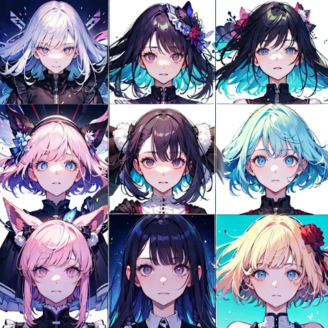 make a image in a a grid of nine panels, like a sprite sheet, in images have to be a anime girl portrait, same girl in all panels, As the sequence progresses, the characters hair becomes increasingly disheveled and animated, suggesting movement or wind act...