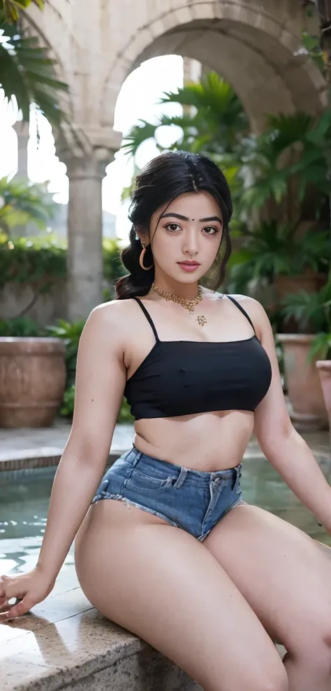 HD wallpaper 32k cinematic shoot of a Beautiful cute Rashmika Mandanna, with thick thighs and a curvy waist, twin braids, wearing a cup bra, horny, seductively, in a school corridor, dotted blouse top, micro denim shorts, sitting, legs crossed, ((thick and...