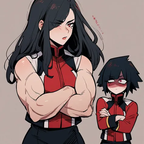 One girl, my hero academia uniform, siren eyes, dark red eye color, muscular arms, long jet black hair with bangs, arms crossed, lesbian, dominant, Mole Under Eye, Devil Pupils, Tsundere, faded scare over right eye, tall, nonchalant