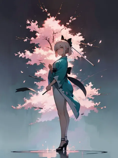 {Extremely detailed 8K wallpaper}, {Masterpiece}, {Best Quality}，Alone，full body shot，Okita Souji，short hair, kimono，Haori Cerezo, cherry tree