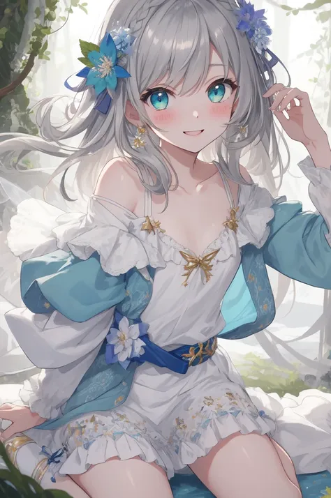 (masterpiece, best quality), hyperdetailed, clean lines, one girl,15 years old, blush, ash_hair, (Silver_hair:1.3), thin hair clip, cyan colorshift eyes, expressive eyes, collarbone, smile, morning, sunshine, (full shot), wariza, fairy style。The mint green...