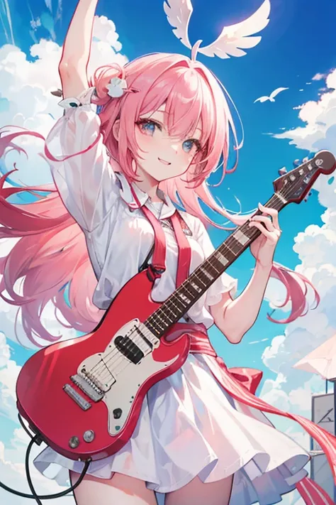 Coral pink hair，Long hair，hair over one eye，Gray eyes，feather hair ornament，cute，Girl，Smiling expression，Happy and happy expression，White short sleeve，White skirt，Clothes tied around the waist，Holding a guitar，Lead singer，There is a microphone，Happy singin...