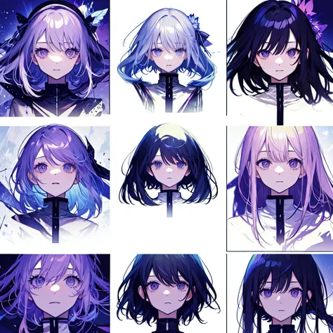 make a image in a a grid of nine panels, like a sprite sheet, in images have to be a anime girl portrait, same girl in all panels, As the sequence progresses, the characters hair becomes increasingly disheveled and animated, suggesting movement or wind act...