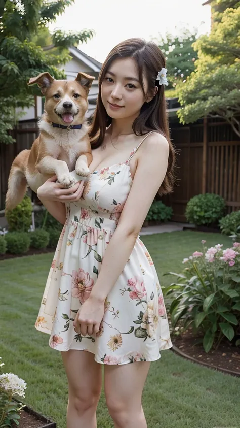 beautiful japanese girl pale skin big breast playing with a dog in a garden. She wears flower dress