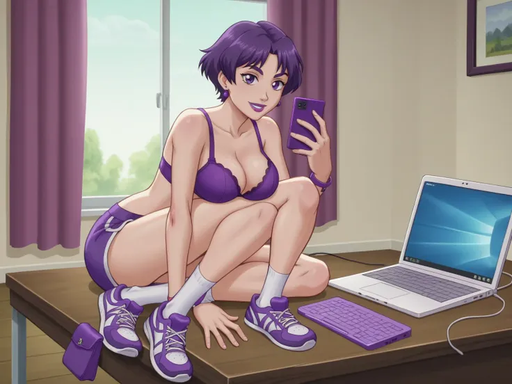 score_8_up, score_7_up, break, screencap, 1girl, solo, purple hair, female, teenage, short hair, purple eyes, purple eyelids, pu...