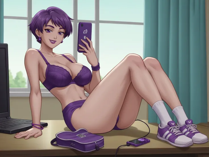 score_8_up, score_7_up, BREAK, screencap, 1girl, solo, purple hair, female, teenage, short hair, purple eyes, purple eyelids, purple eyebrows, large breast, bra size c+, full body, purple lipstick, womens plus size 18 hour ultimate shoulder comfort wireles...