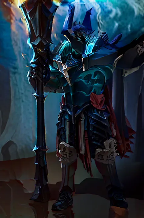 knightgirl, dark armor with blue flames, holding an ax decorated with lightning