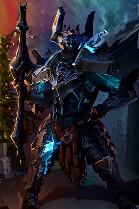 knightgirl, dark armor with blue flames, holding an ax decorated with lightning