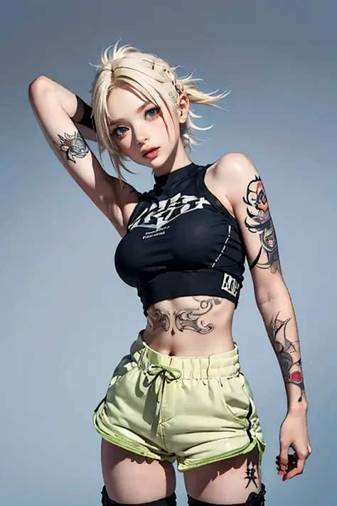 (Browsing Caution:0.7), Perfect Style, Beautiful Face, Highly detailed face and skin texture, (Maximum resolution: 1.2), 1 female,Hip Up, jewelry, (((He has many tattoos all over his body)), Streetwear, (((Tight shorts))), blonde, ,sneakers, (((Tight waist...