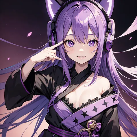 Anime girl with long purple hair and black robe. Pointy ears. Cute as in manga. Headphones. Front facing, smile