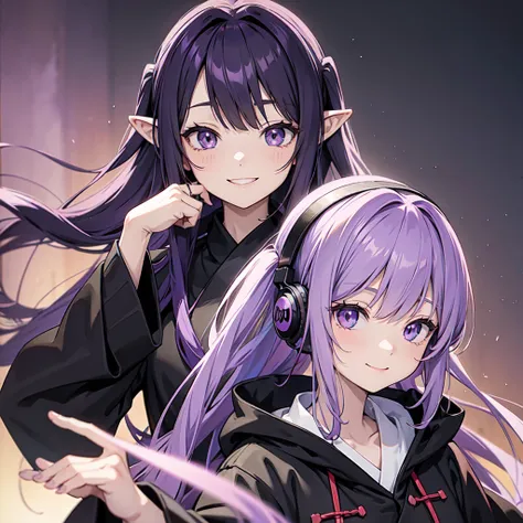 Anime girl with long purple hair and black robe. Pointy ears. Cute as in manga. Headphones. Front facing, smile