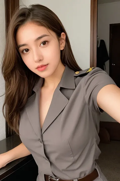 Young pretty police woman taking selfie, Taken with old iPhone camera、brown Hair、reality、in real life、photograph、Highest quality、cant tell the difference from reality, a selfie for Instagram profile, Skin that is not too perfect, ultra super realistic, 2 m...