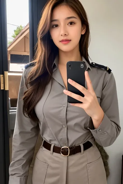 Young pretty police woman taking selfie, Taken with old iPhone camera、brown Hair、reality、in real life、photograph、Highest quality、cant tell the difference from reality, a selfie for Instagram profile, Skin that is not too perfect, ultra super realistic, 2 m...